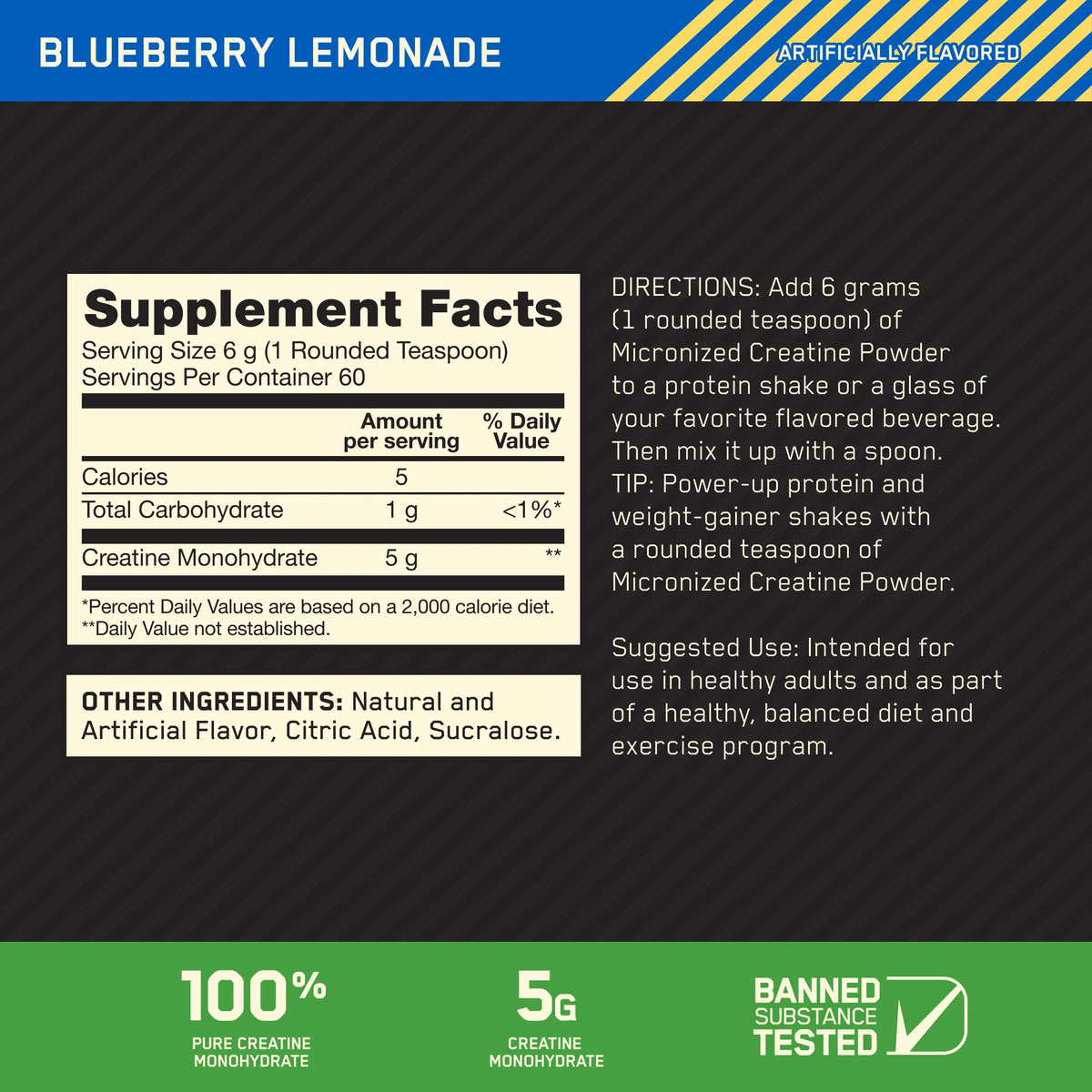 Optimum Nutrition Creatine Powder Blue Lemonade 360g