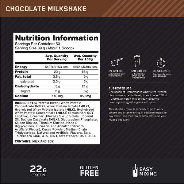 Optimum Nutrition Performance Whey Chocolate Milkshake 1.6kg