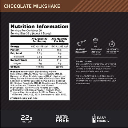 Optimum Nutrition Performance Whey Chocolate Milkshake 1.6kg
